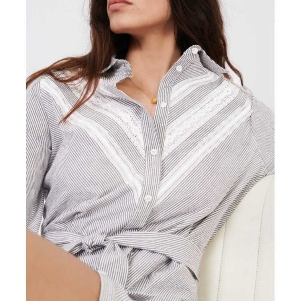 Maje Striped Shirt Dress Womens Size 36 S Inset Lace Parisian Pockets Classic